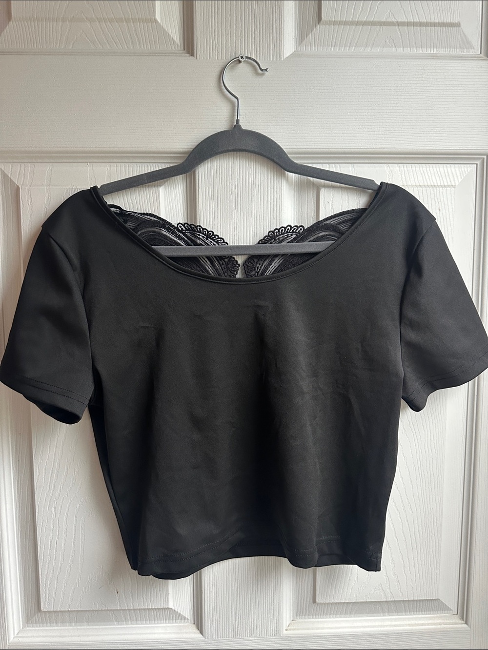 SHEIN Black Scoop-Neck Crop Top with Lace Inset